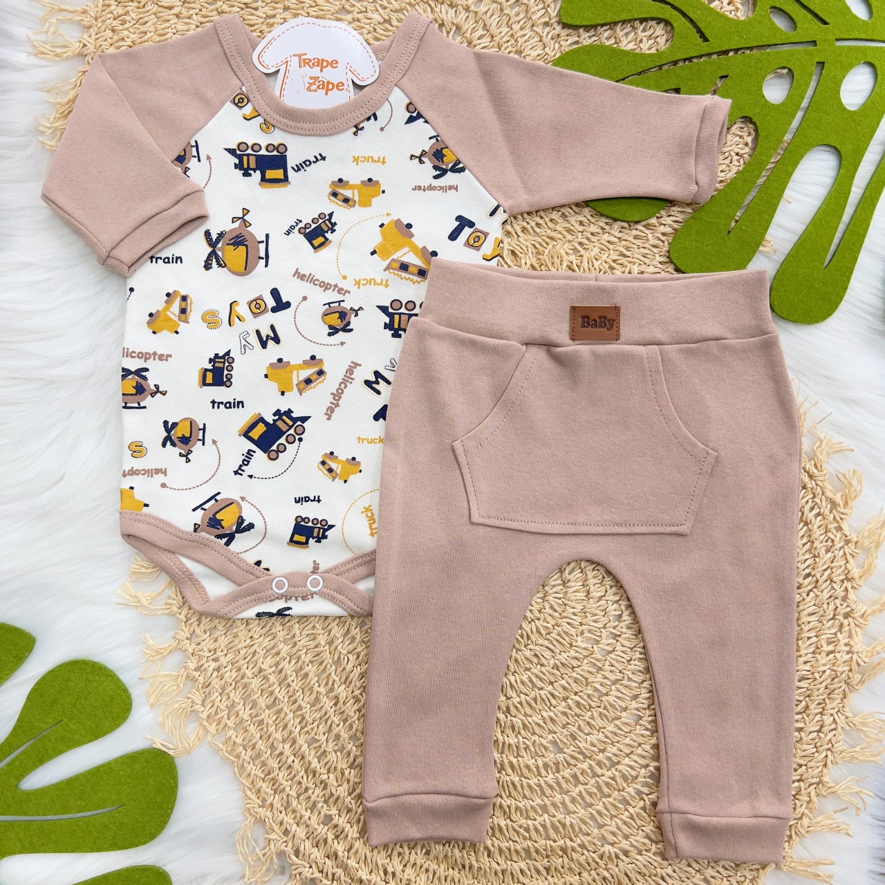 Conj. Body Trenzinho Manga Longa e Calça- Bege e Off White